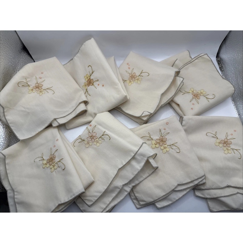 Vintage Set of 8 Embroidered Linen Napkins Table Linens Decor 15"x 15" MCM Beige